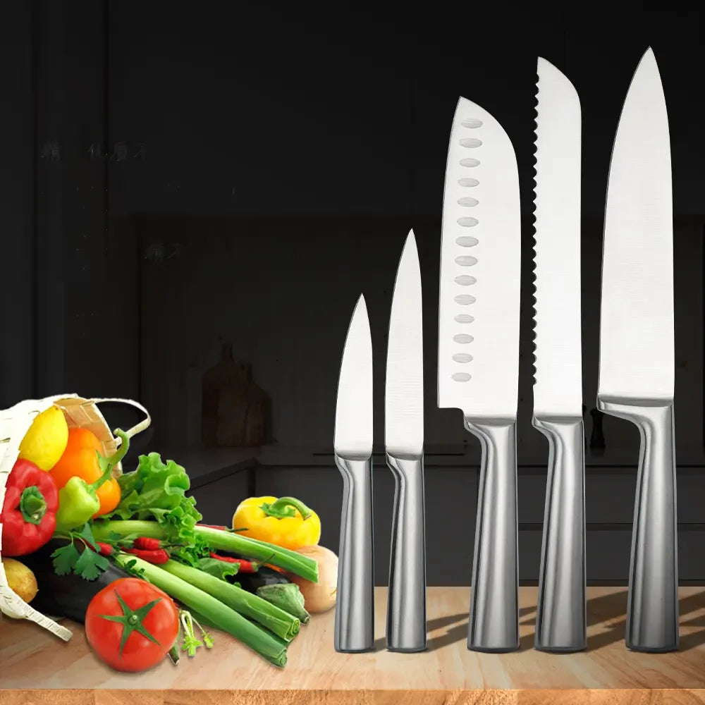 Rimelig knivsett i rustfritt stål – 5‑delt kjøkkenknivsett for matlaging, kutting og hverdagsbruk