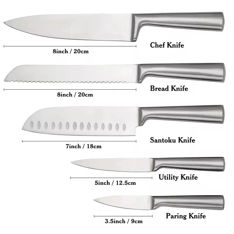 Rimelig knivsett i rustfritt stål – 5‑delt kjøkkenknivsett for matlaging, kutting og hverdagsbruk